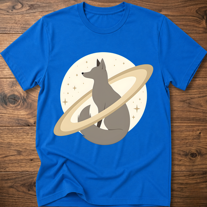 Royal blue short-sleeve crewneck t-shirt with minimal fox in space graphic