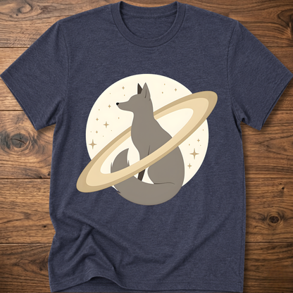 Heather navy short-sleeve crewneck t-shirt with minimal fox in space graphic