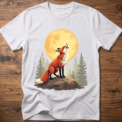 White t-shirt with retro fox graphic under a golden moon and pine trees