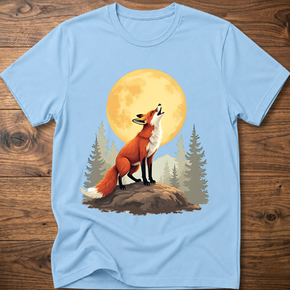 Light blue t-shirt with retro fox graphic under a golden moon and pine trees