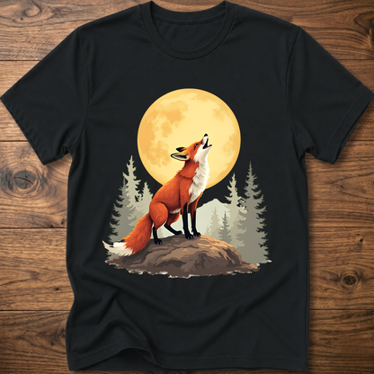 Black t-shirt with retro fox graphic under a golden moon and pine trees