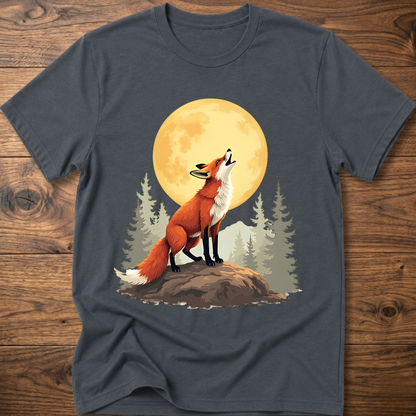 Dark gray t-shirt with retro fox graphic under a golden moon and pine trees