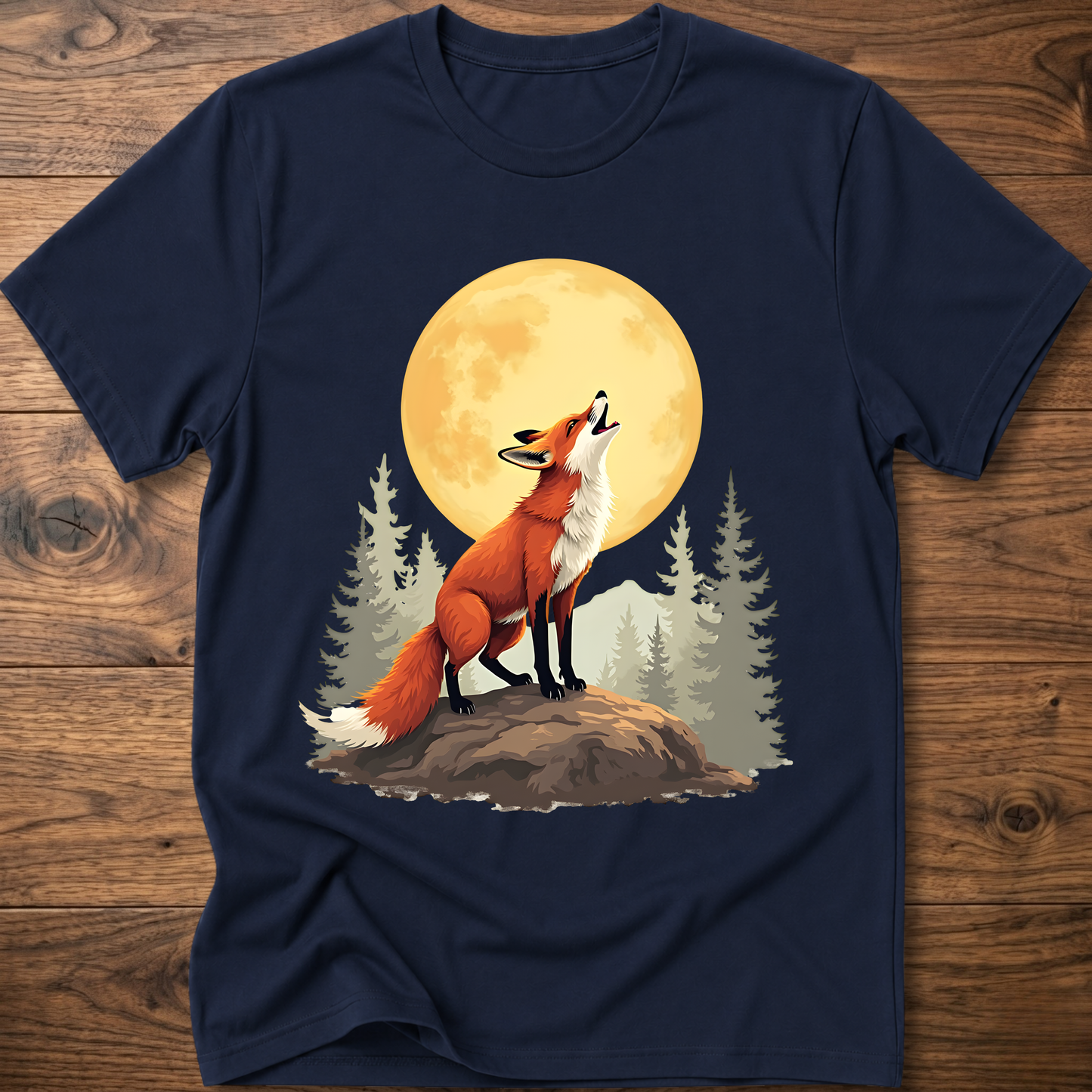 Navy t-shirt with retro fox graphic under a golden moon and pine trees