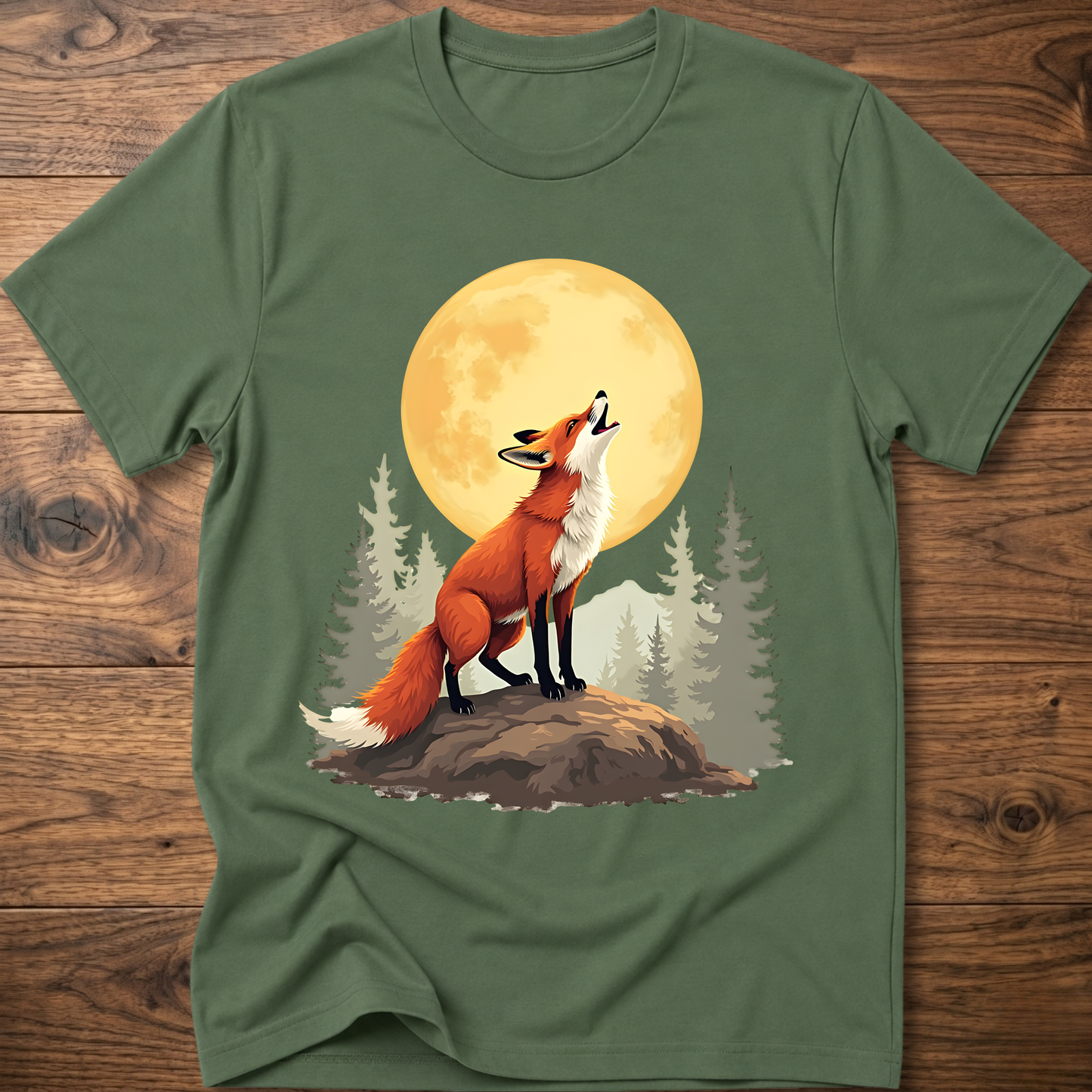 Military green t-shirt with retro fox graphic under a golden moon and pine trees