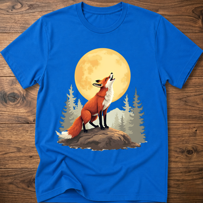 Royal blue t-shirt with retro fox graphic under a golden moon and pine trees