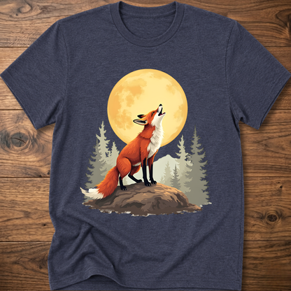 Heather navy t-shirt with retro fox graphic under a golden moon and pine trees