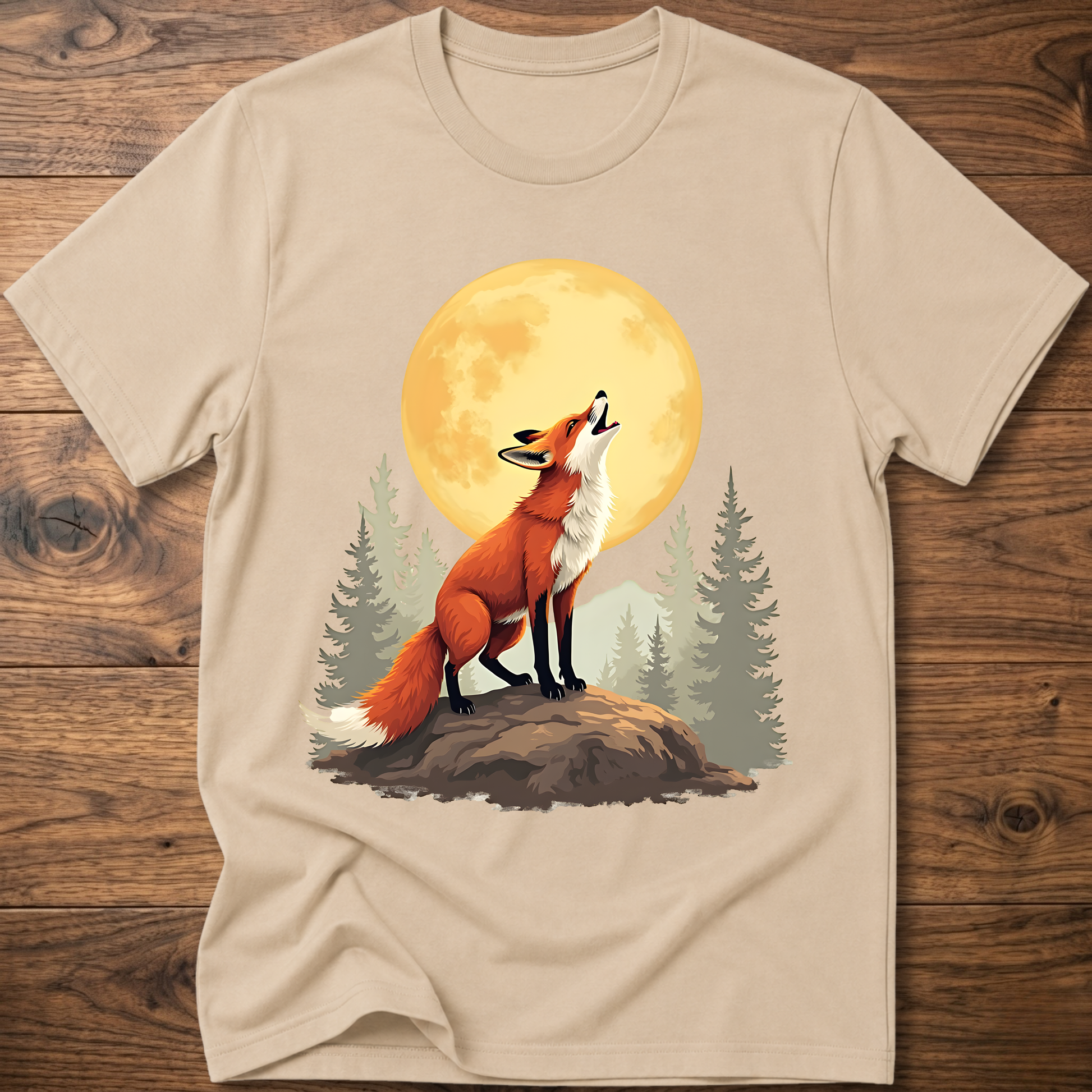 Sand beige t-shirt with retro fox graphic under a golden moon and pine trees
