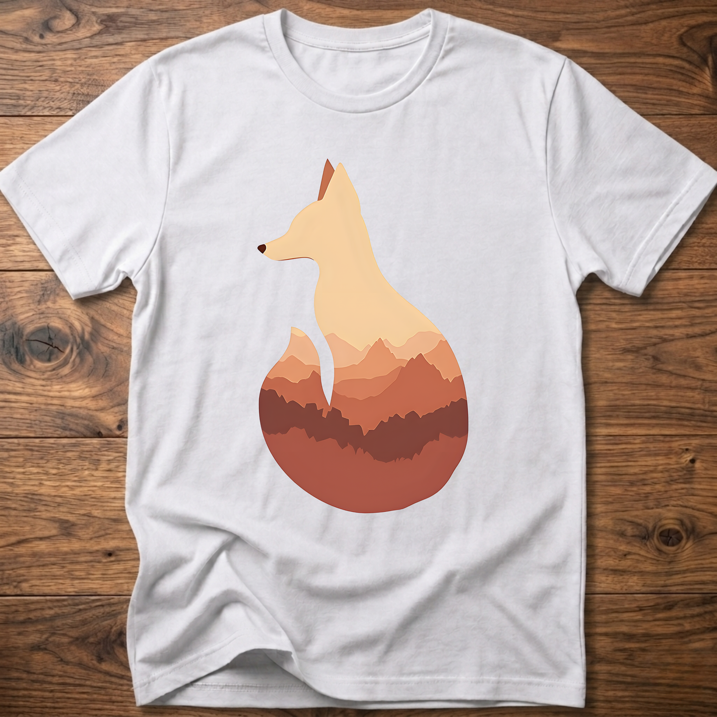 White t-shirt with cream fox silhouette graphic over sunset mountains