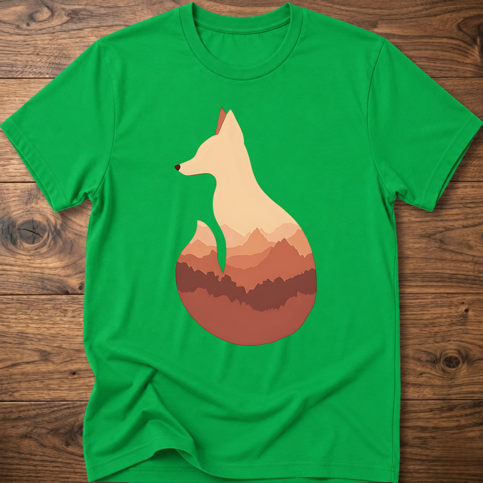 Irish green t-shirt with cream fox silhouette graphic over sunset mountains