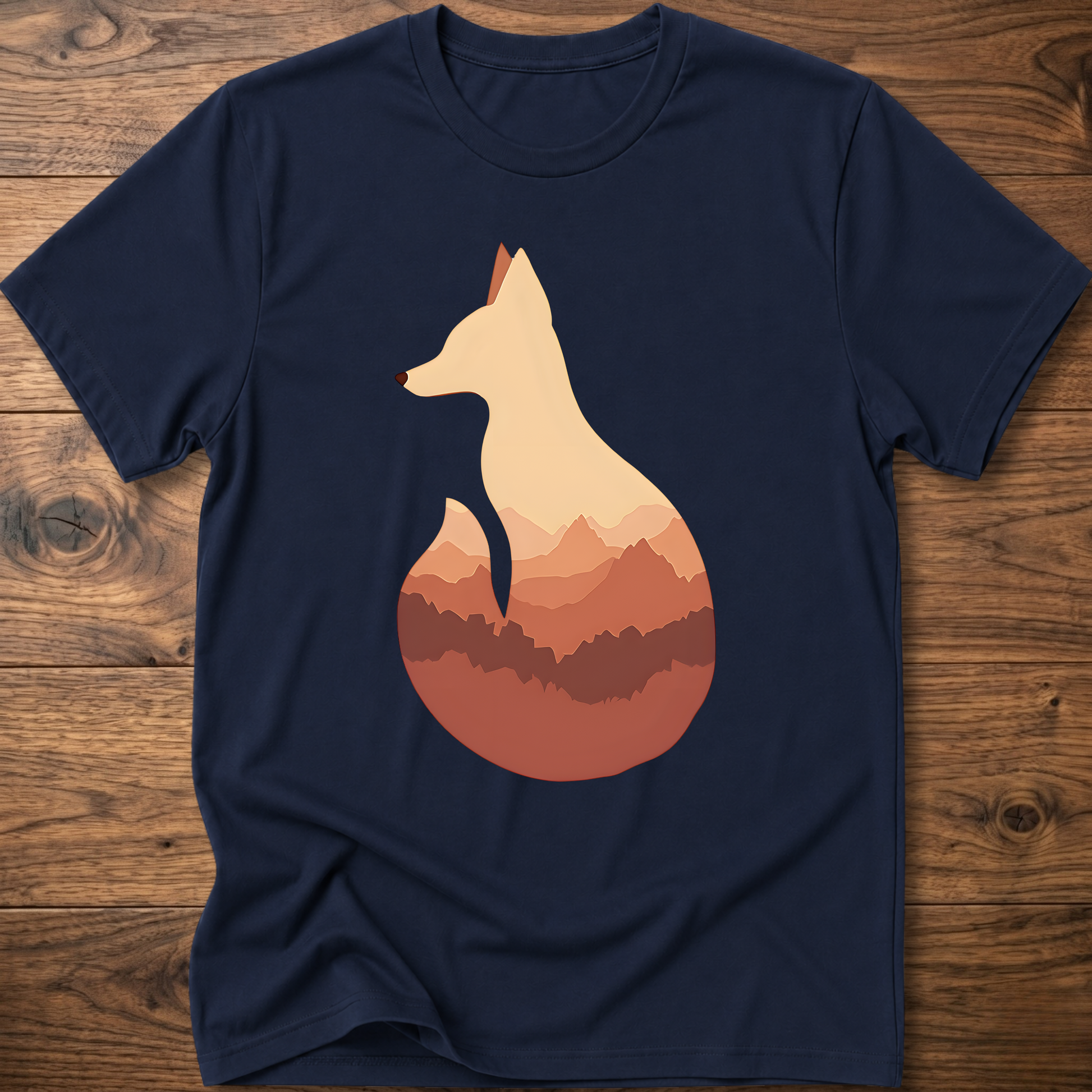 Navy blue t-shirt with cream fox silhouette graphic over sunset mountains