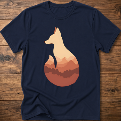 Navy blue t-shirt with cream fox silhouette graphic over sunset mountains