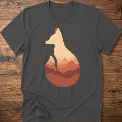 Charcoal gray t-shirt with cream fox silhouette graphic over sunset mountains