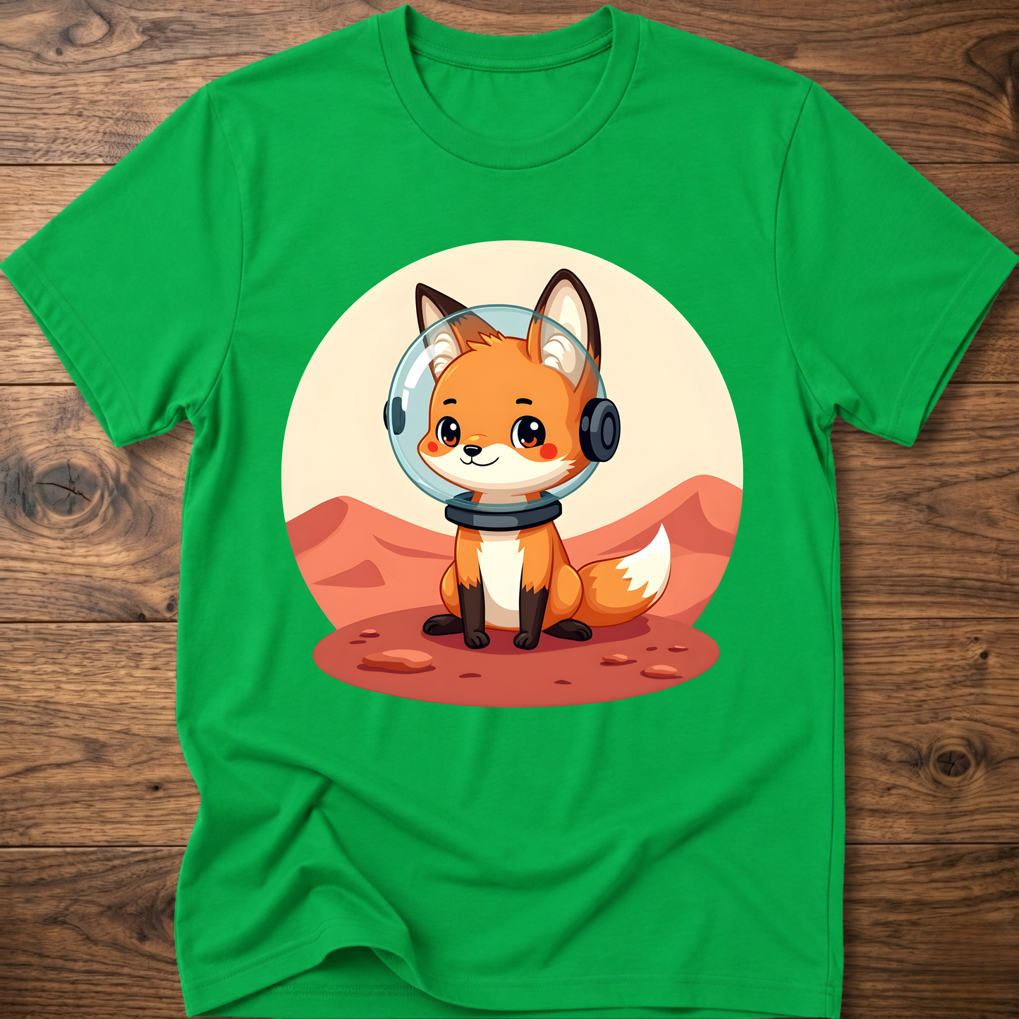 Green T-shirt with cute fox astronaut helmet front print