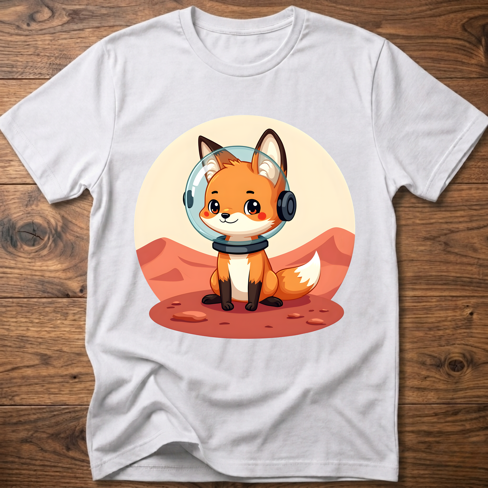 White T-shirt with cute fox astronaut helmet front print