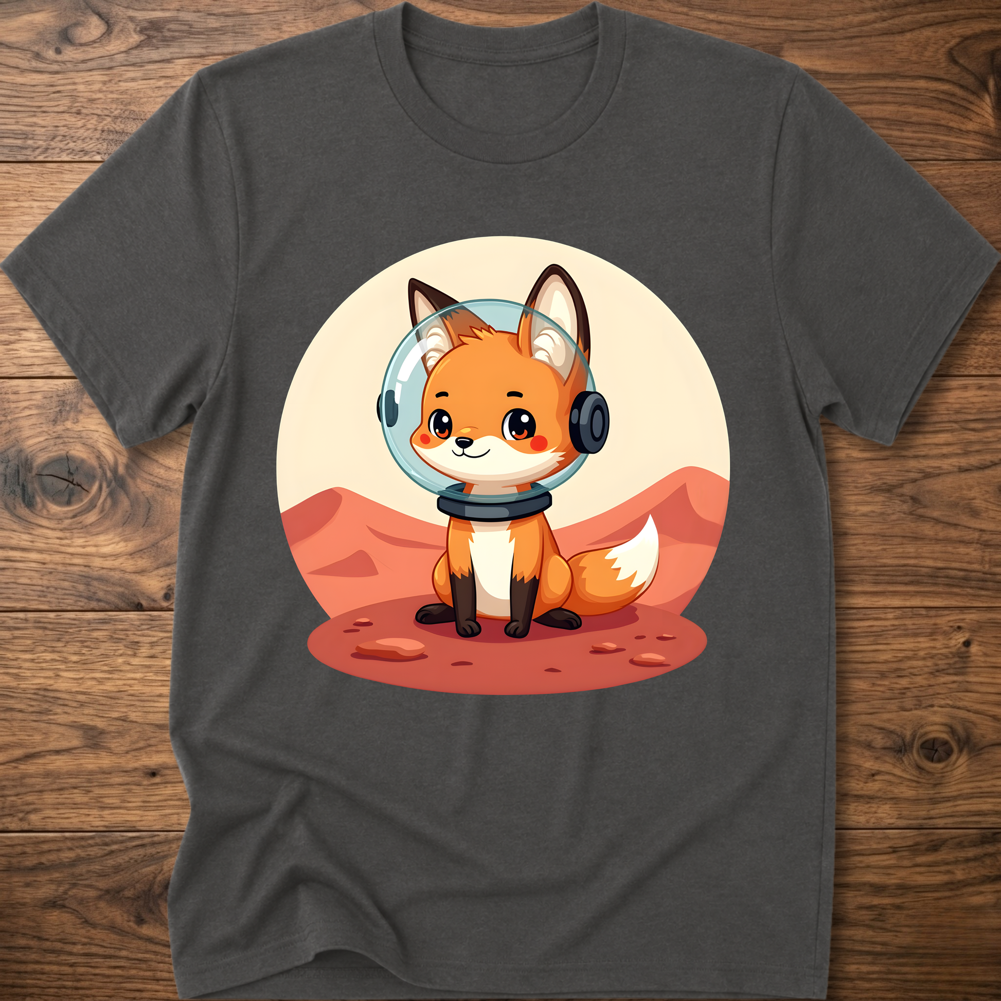 Charcoal T-shirt with cute fox astronaut helmet front print