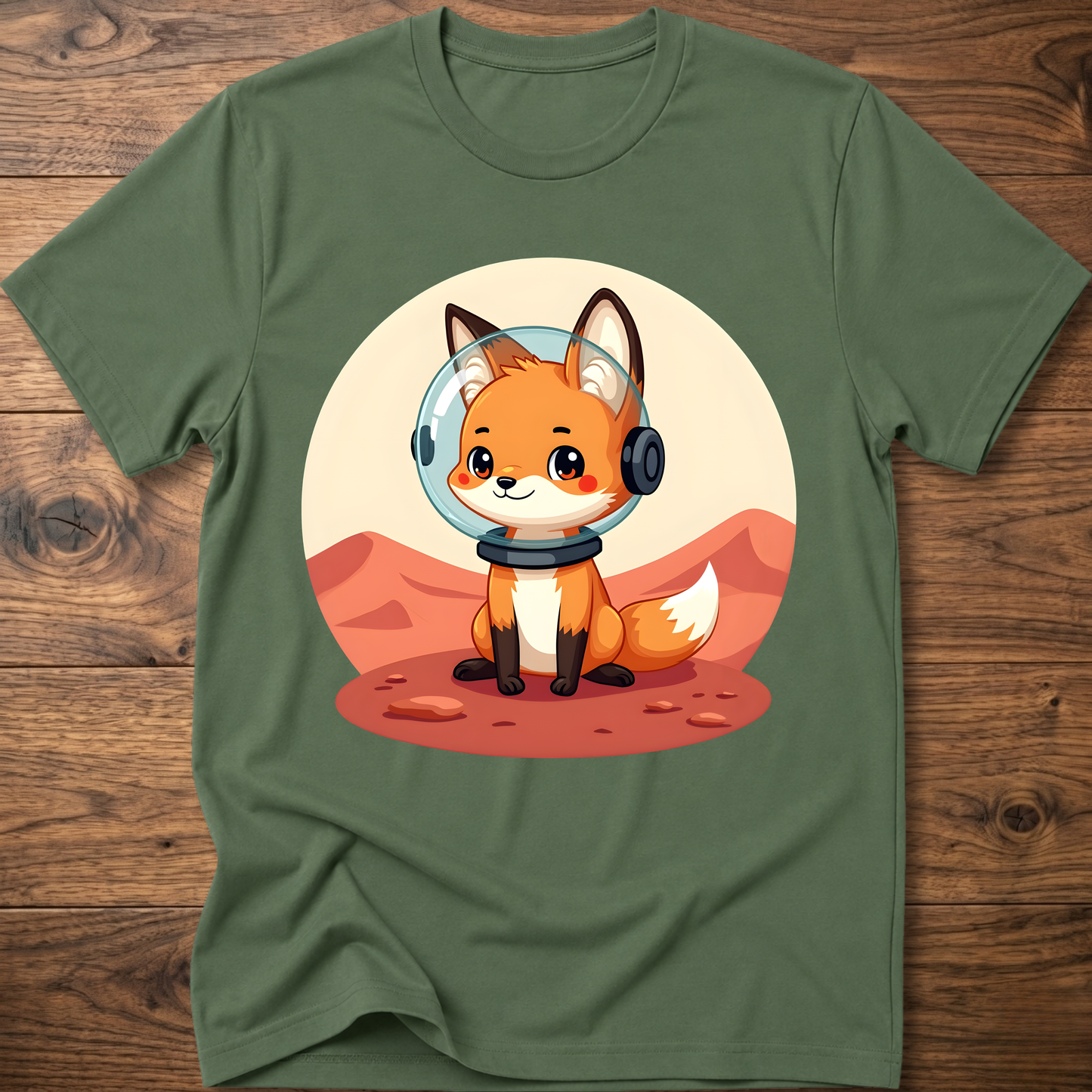 Military green T-shirt with cute fox astronaut helmet front print
