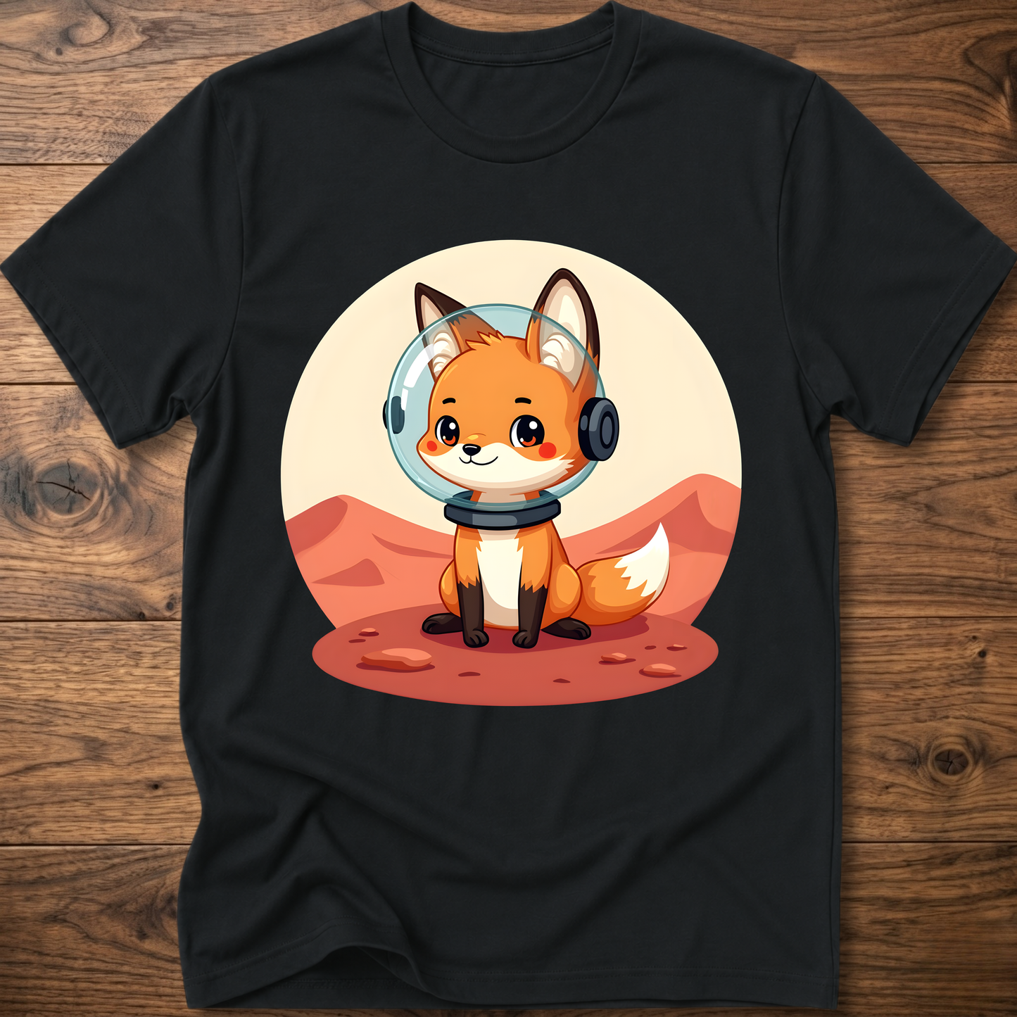 Black T-shirt with cute fox astronaut helmet front print
