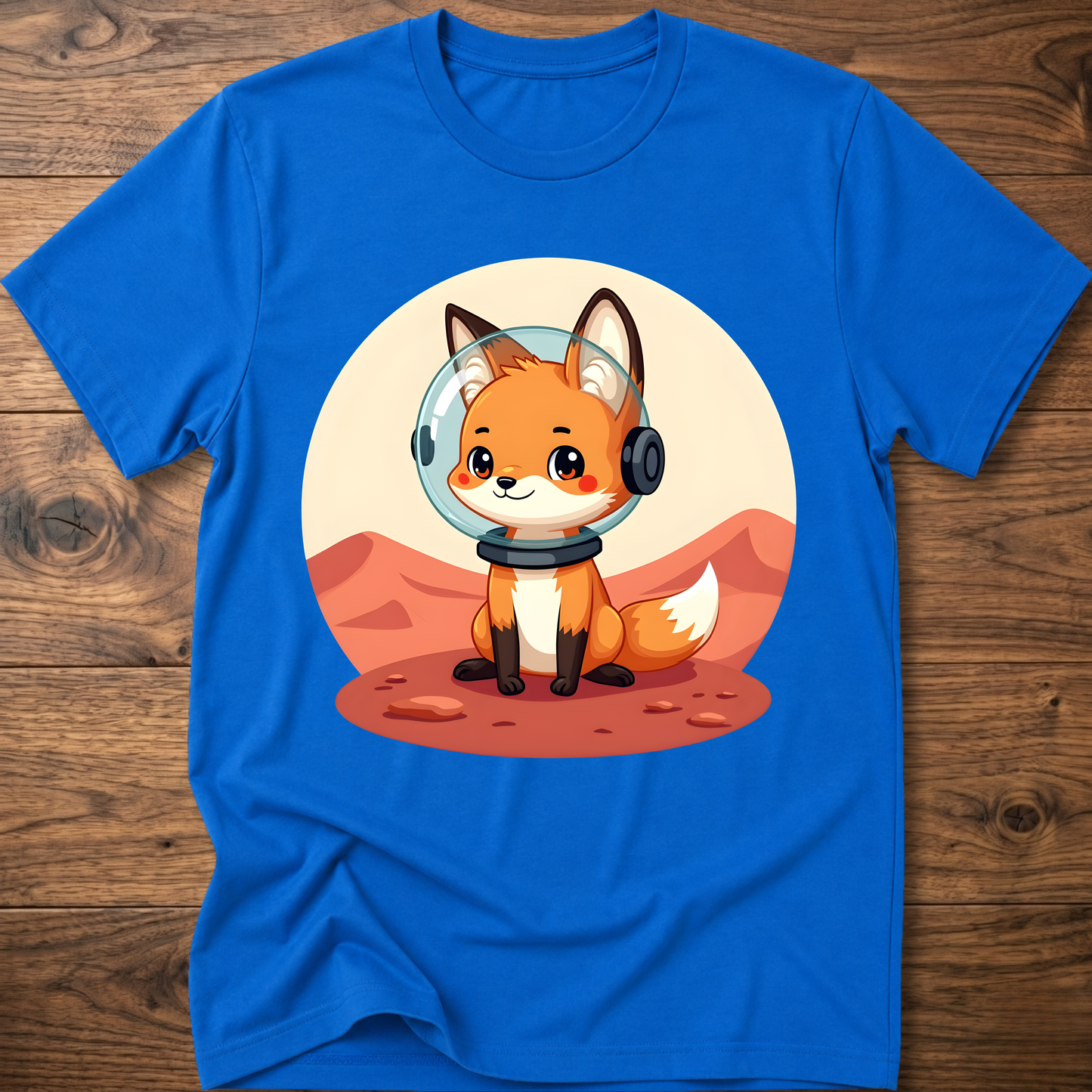 Royal blue T-shirt with cute fox astronaut helmet front print
