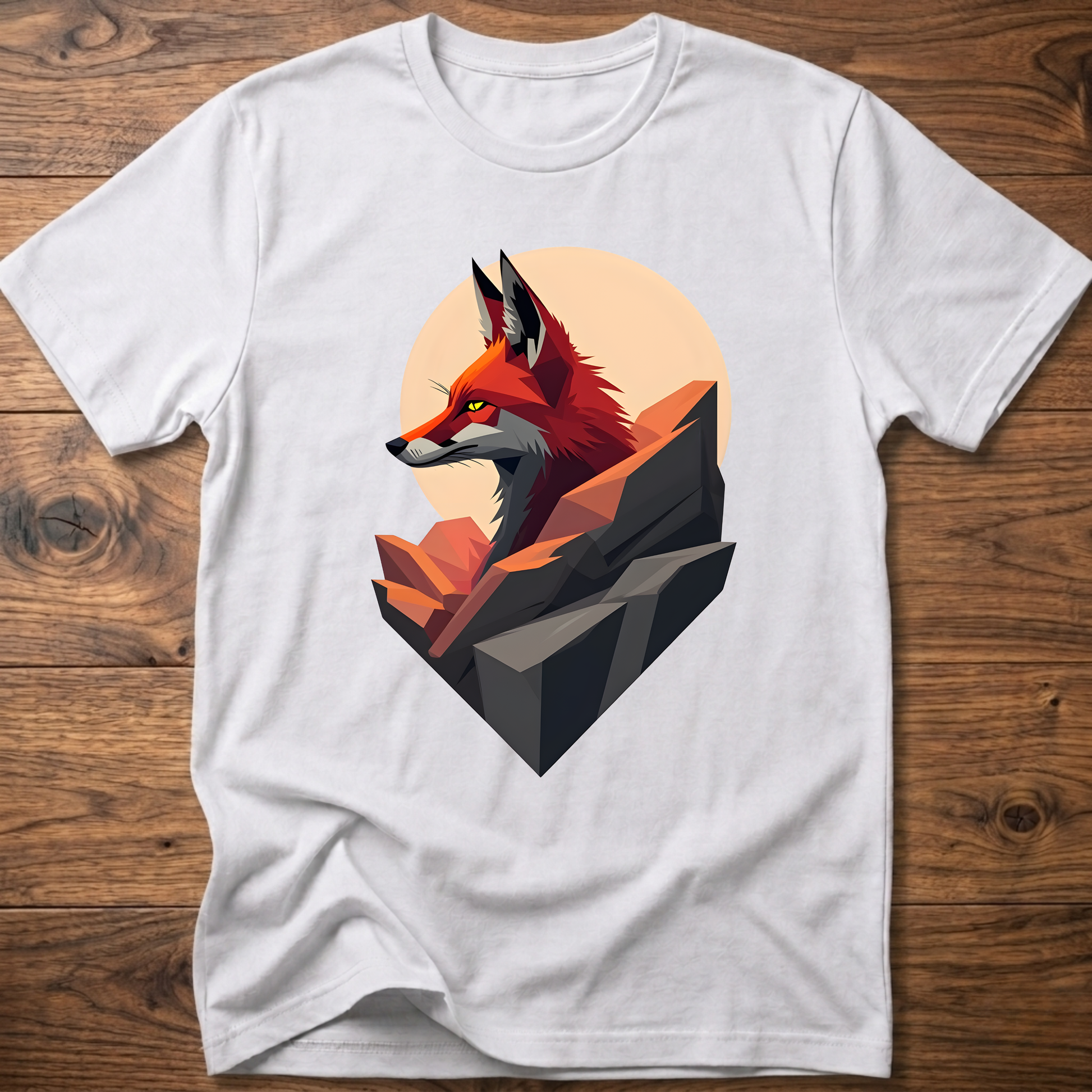 White t-shirt with abstract fox graphic on front.
