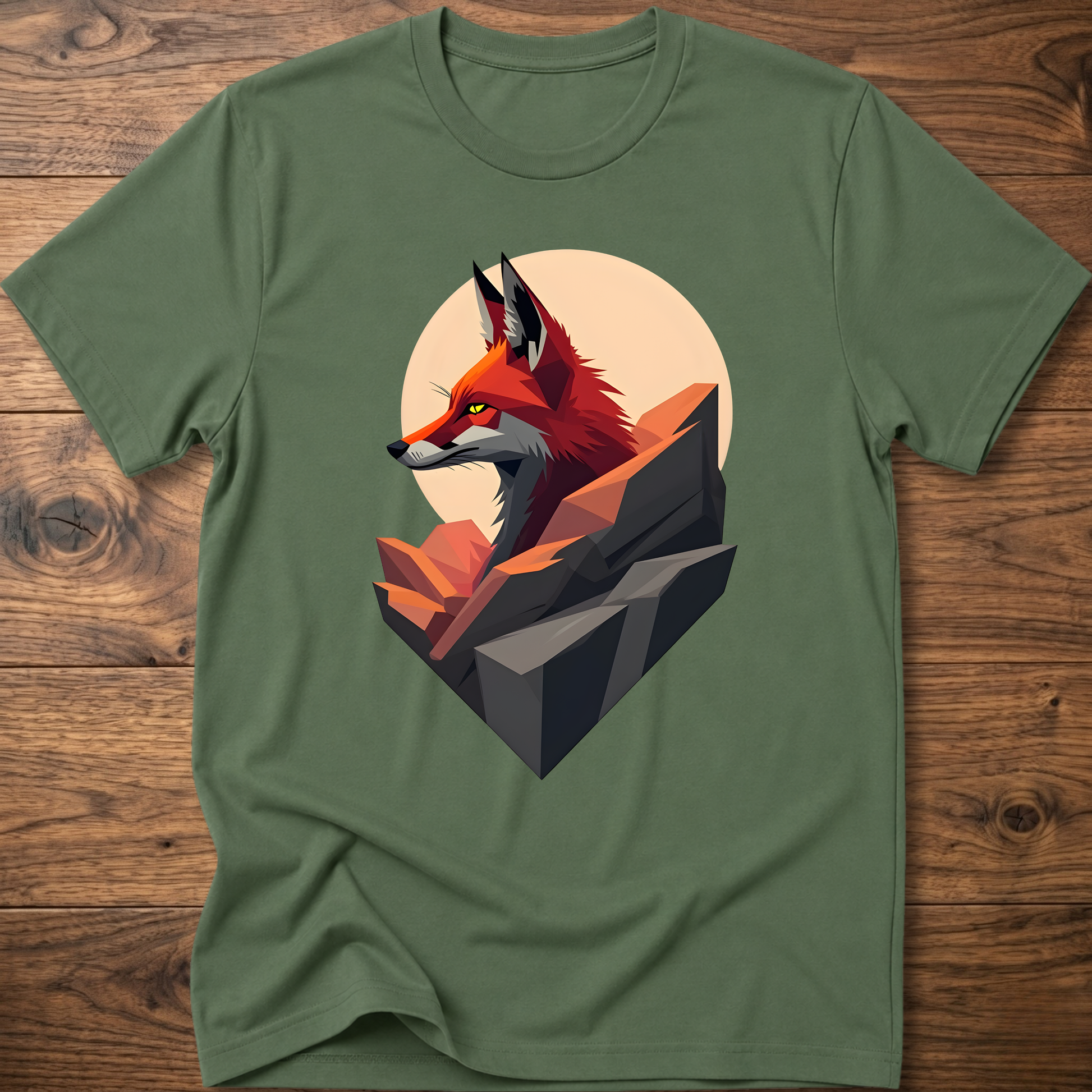 Military green t-shirt with abstract fox graphic on front.