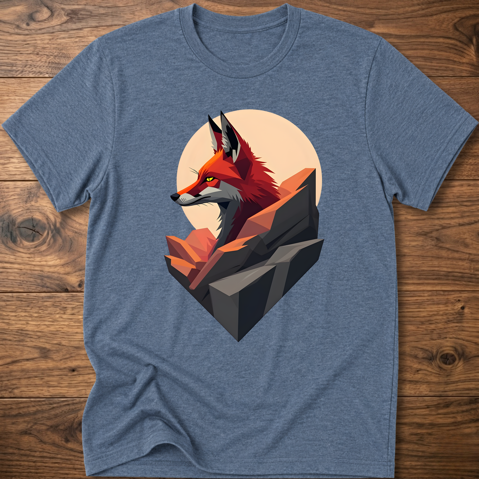 Heather indigo t-shirt with abstract fox graphic on front.