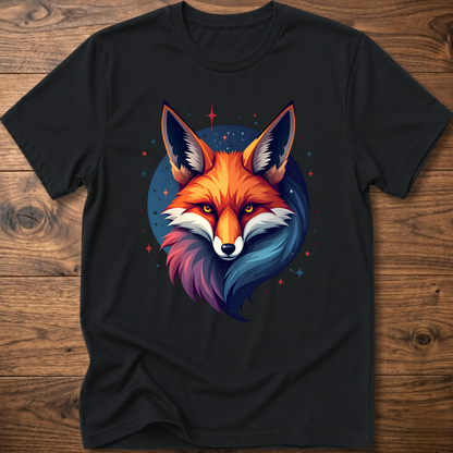 Black T-shirt with galactic fox head graphic and crew neck