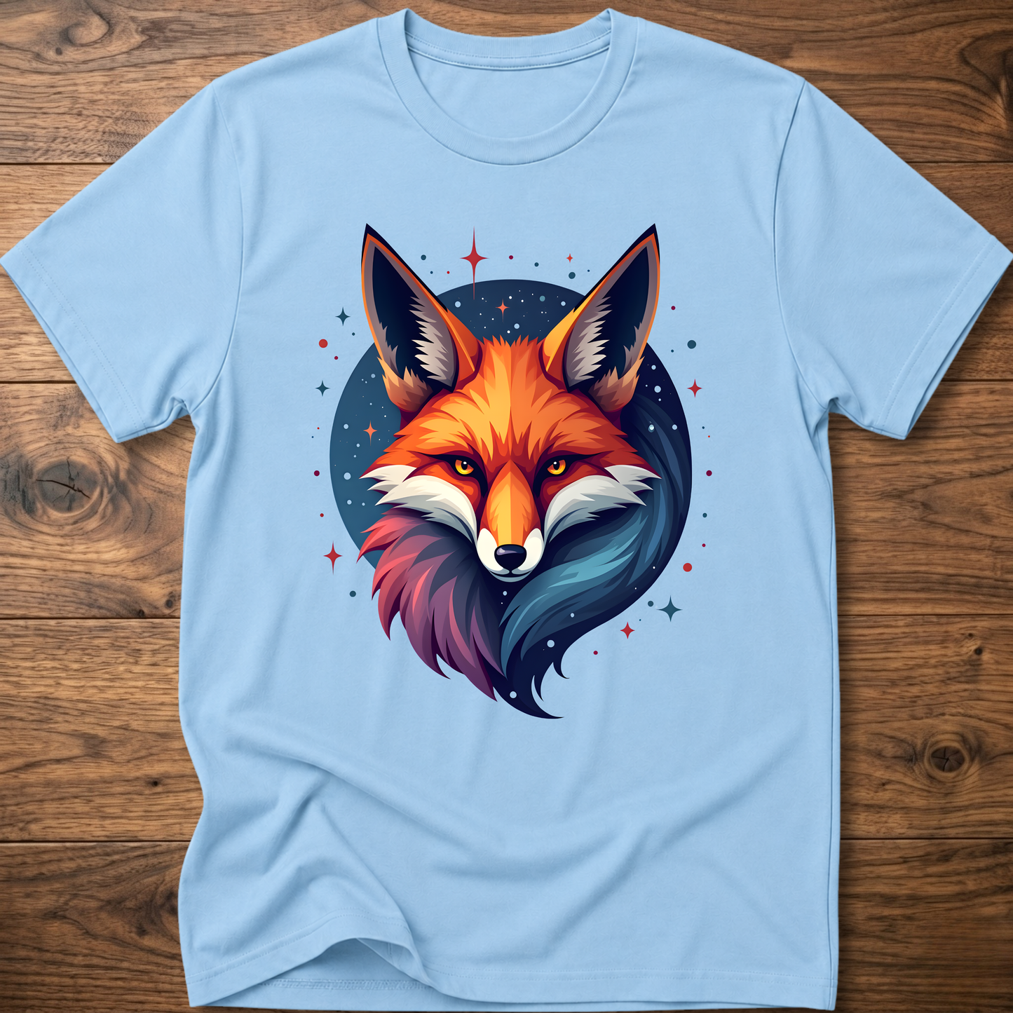 Light blue T-shirt with galactic fox head graphic and crew neck