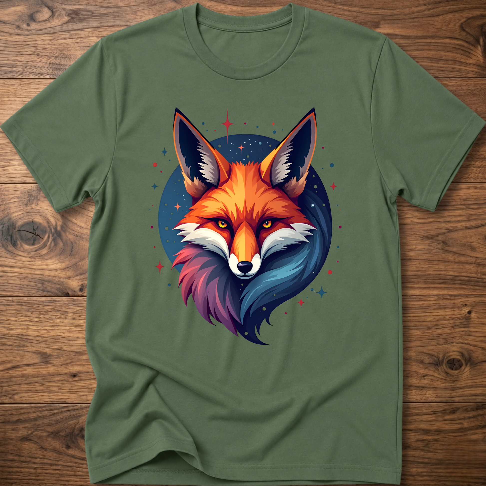 Military green T-shirt with galactic fox head graphic and crew neck