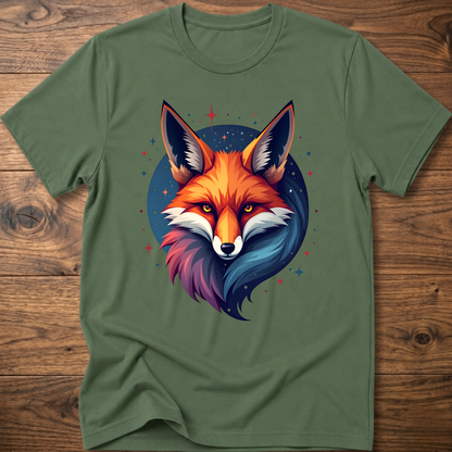 Military green T-shirt with galactic fox head graphic and crew neck