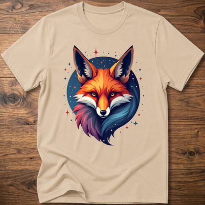 Cream T-shirt with galactic fox head graphic and round neckline