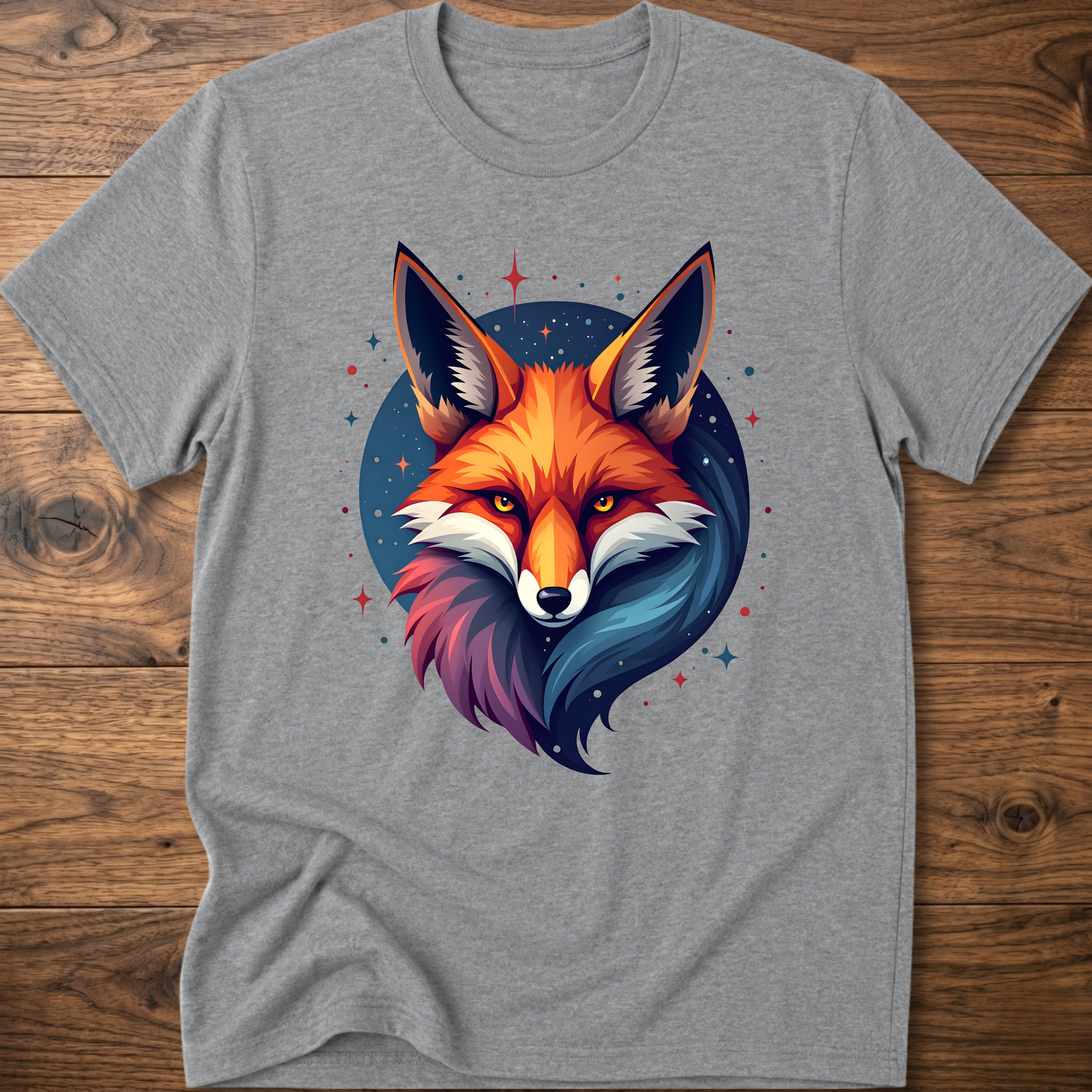 Dark heather gray T-shirt with galactic fox head graphic and crew neck
