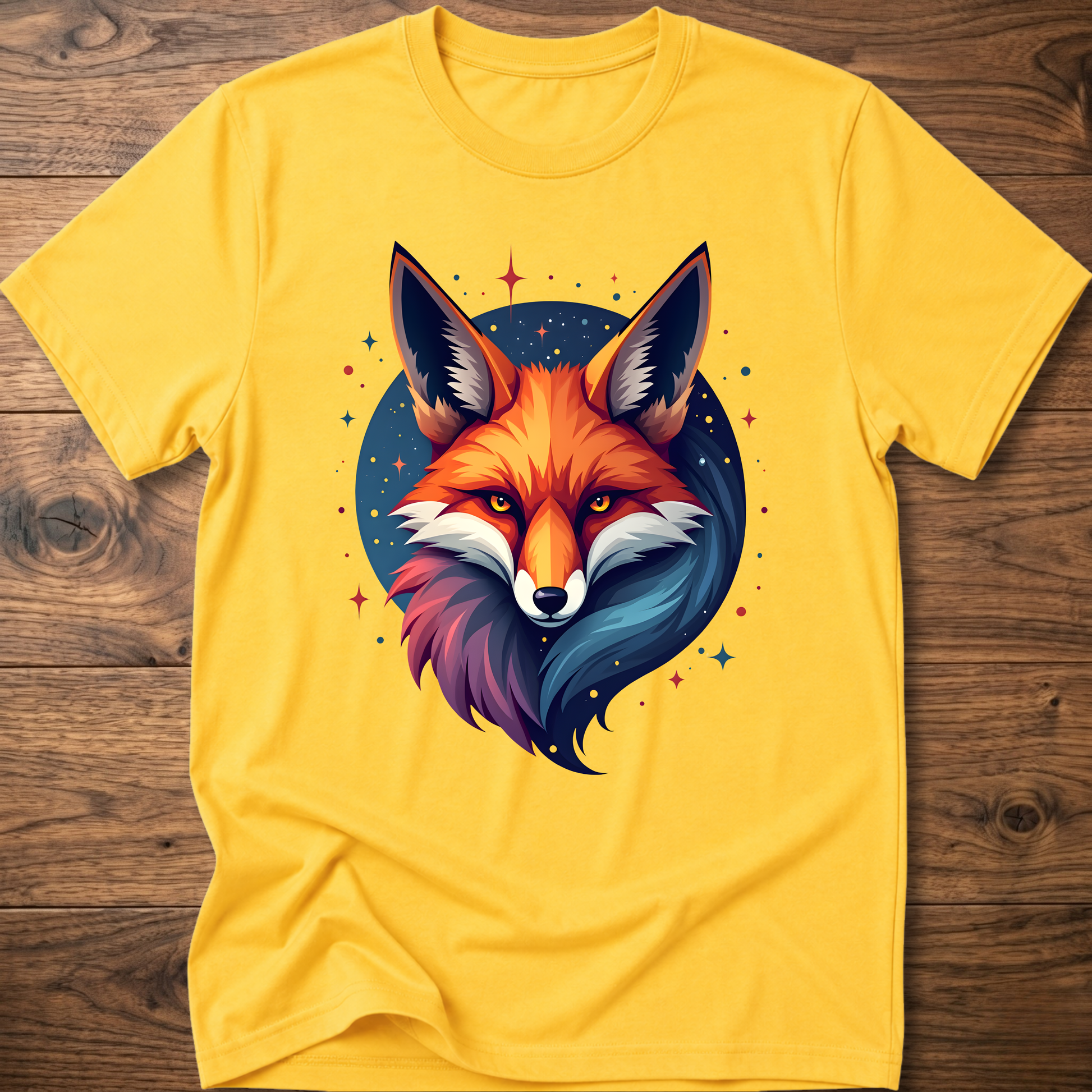 Yellow T-shirt with galactic fox head graphic and crew neck