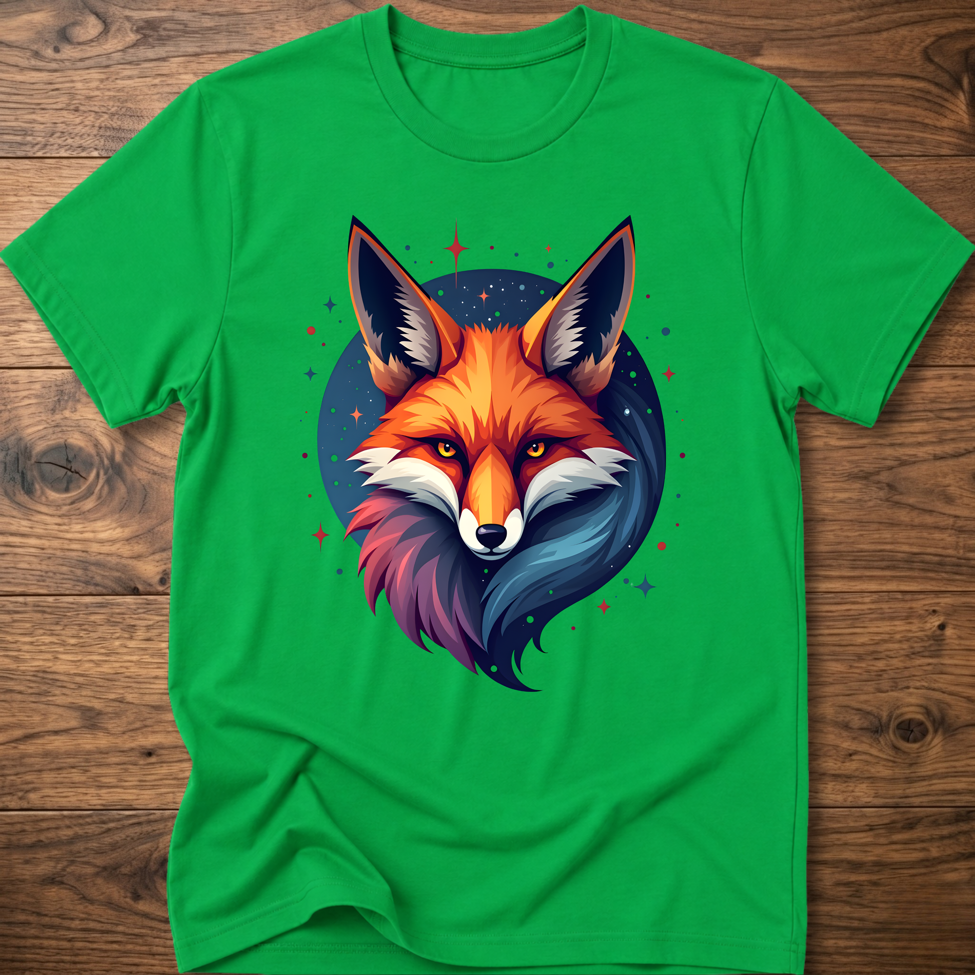 Green T-shirt with galactic fox head graphic and crew neck