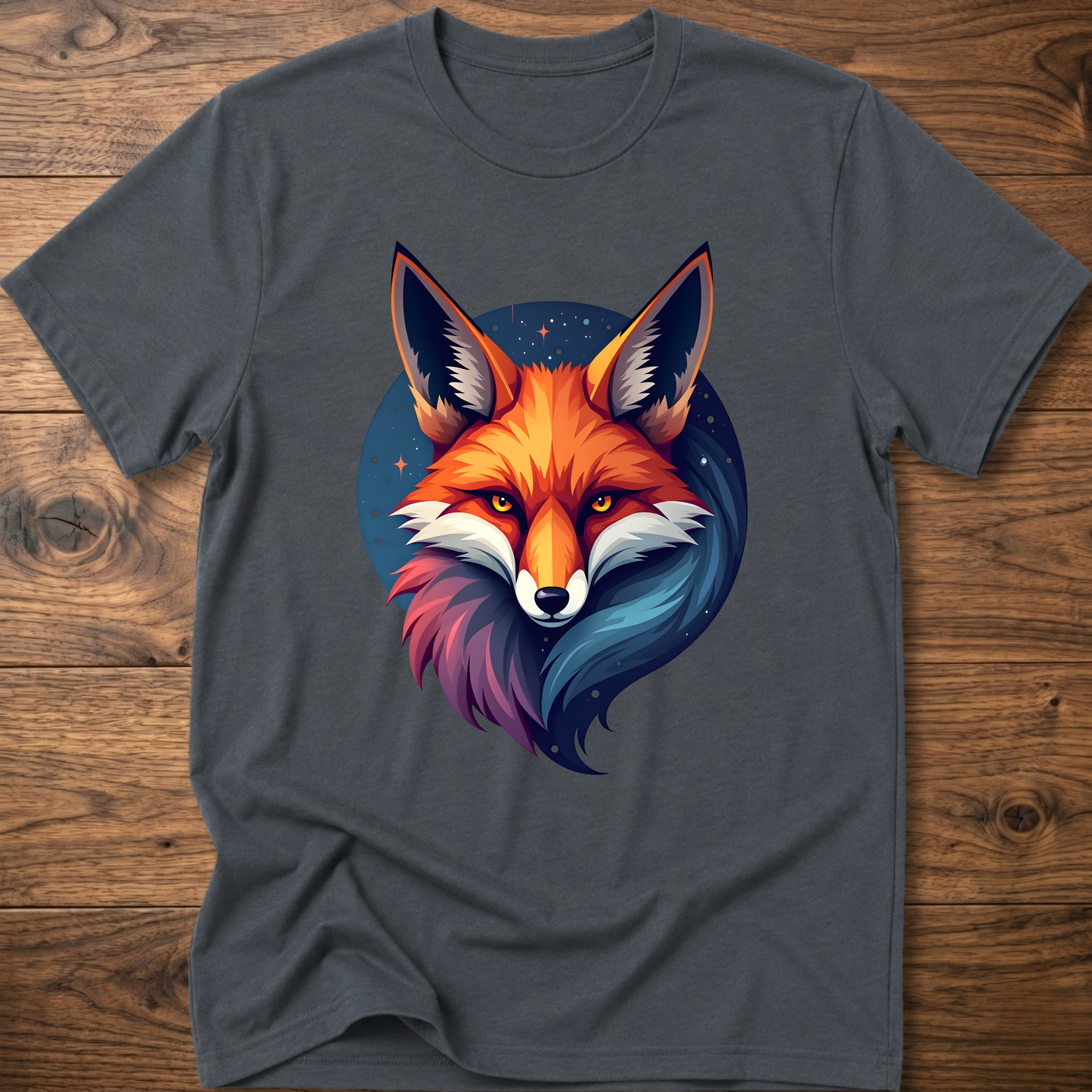 Dark gray T-shirt with galactic fox head graphic and crew neck