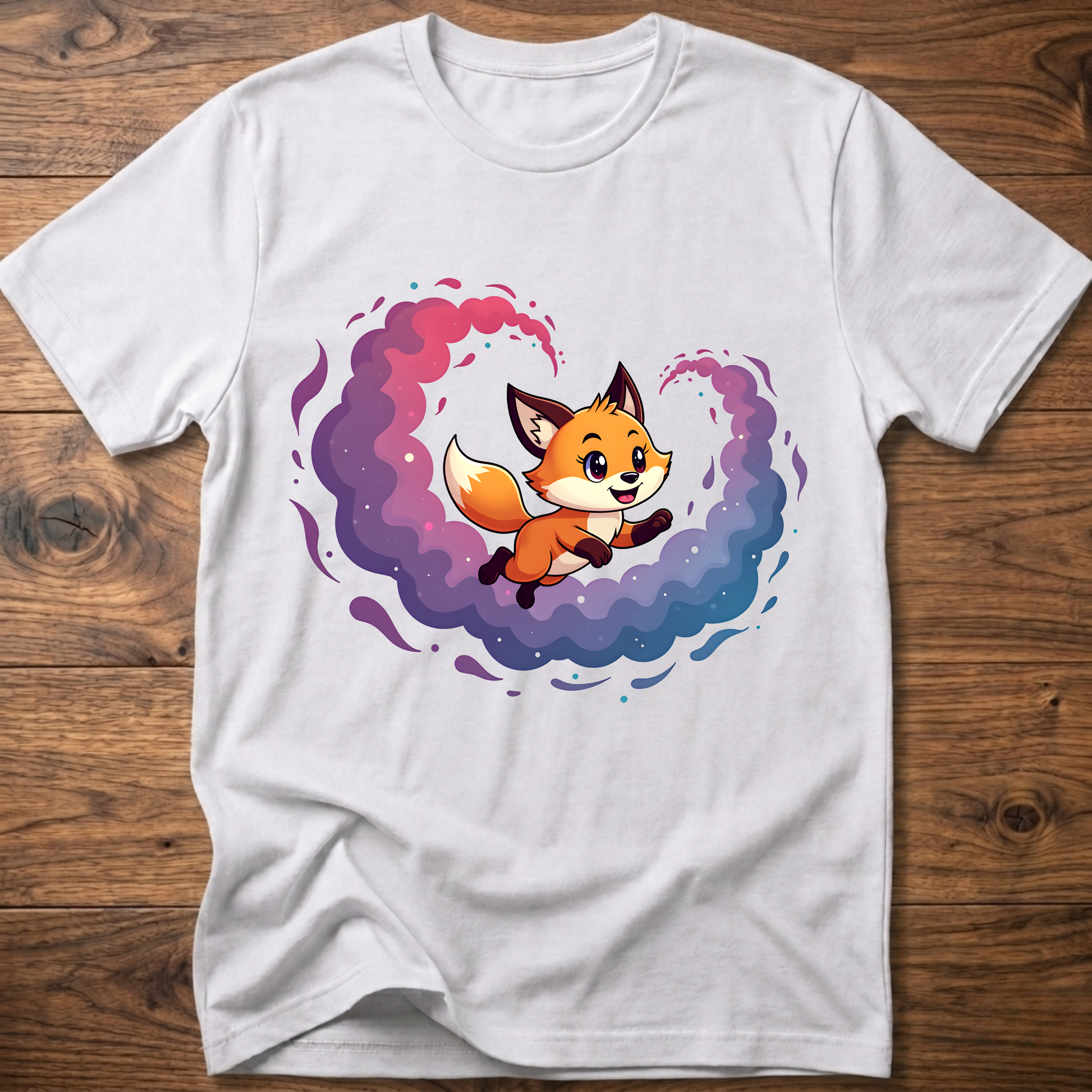 White T-shirt with cute fox graphic in colorful galaxy swirl
