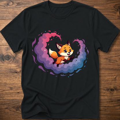 Black T-shirt with cute fox graphic in colorful galaxy swirl