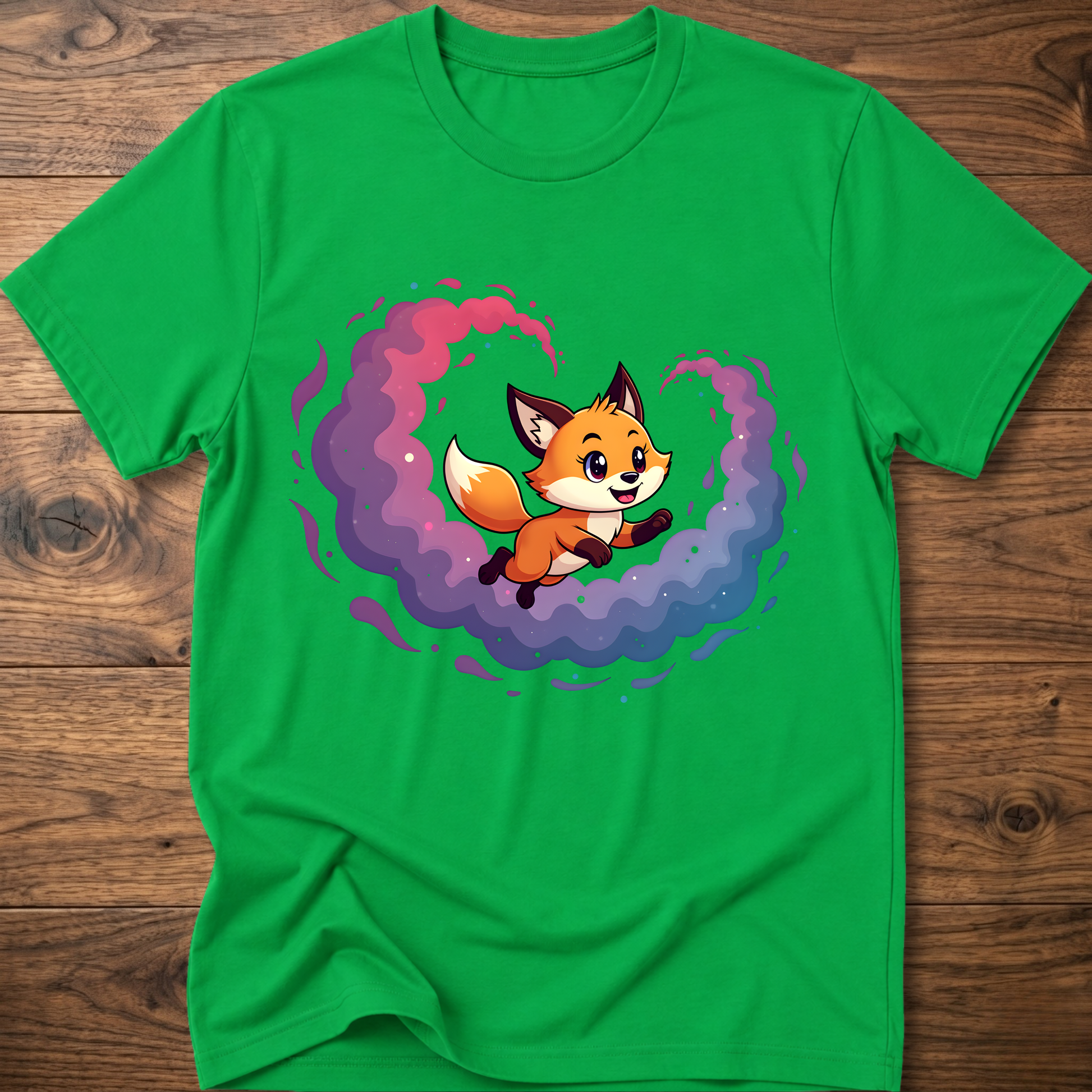 Green T-shirt with cute fox graphic in colorful galaxy swirl