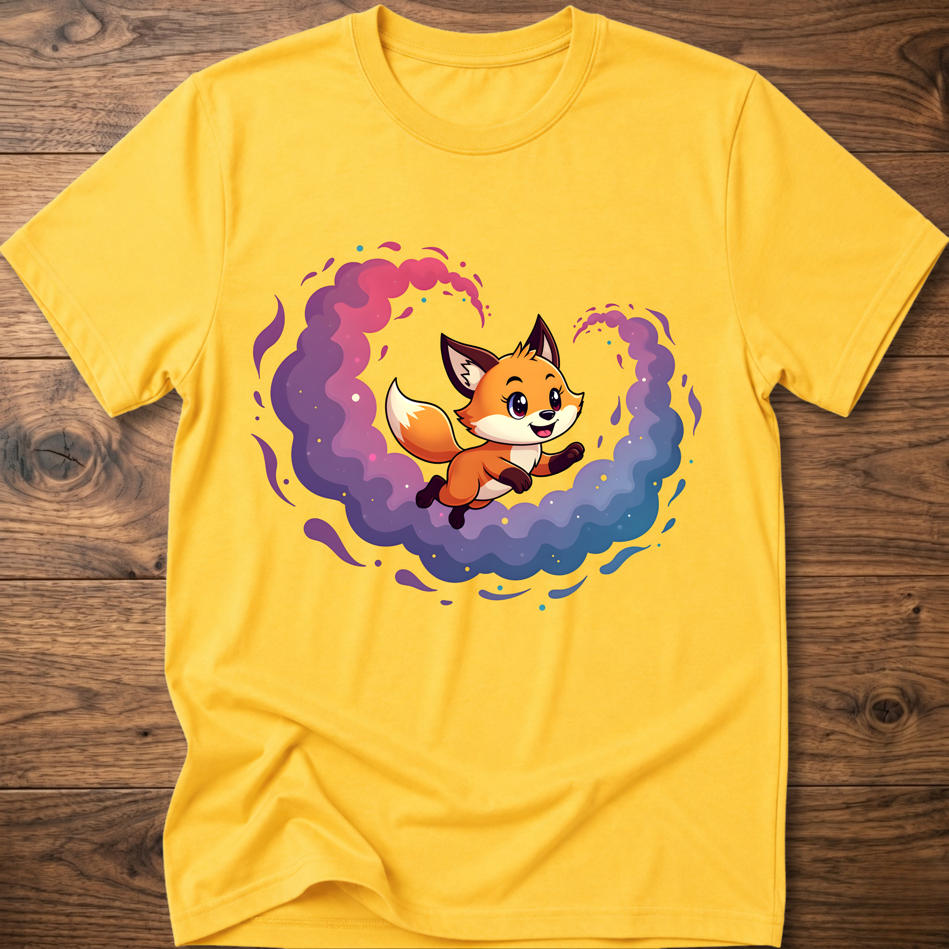 Yellow T-shirt with cute fox graphic in colorful galaxy swirl