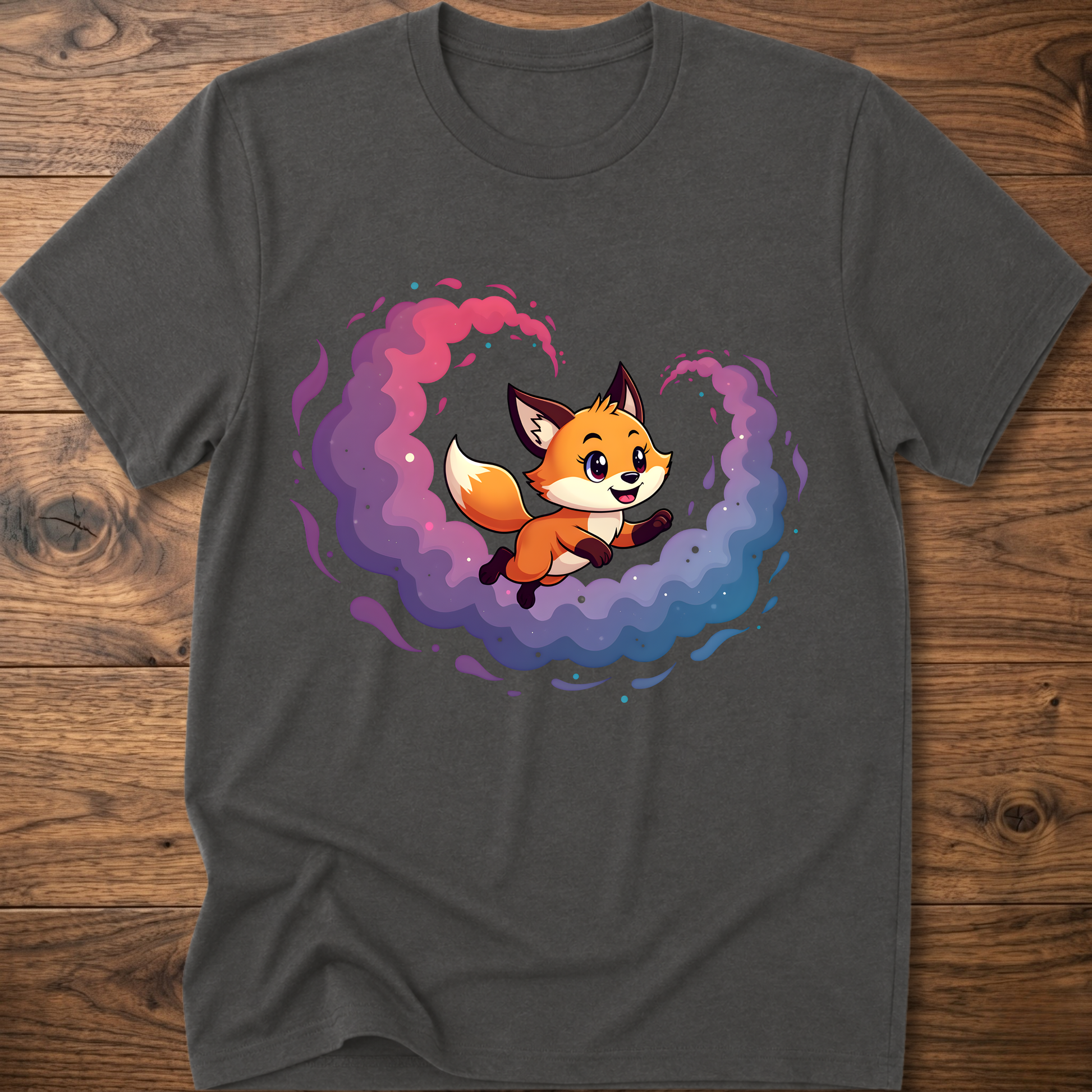 Dark gray T-shirt with cute fox graphic in colorful galaxy swirl