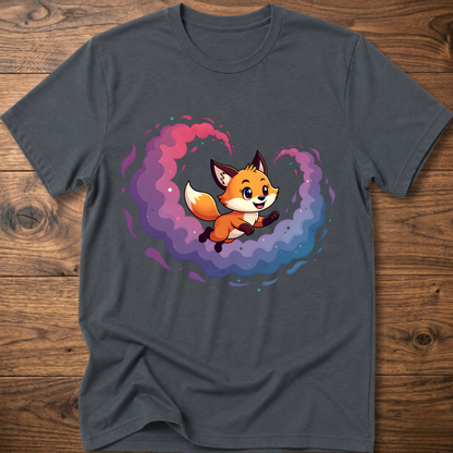 Charcoal T-shirt with cute fox graphic in colorful galaxy swirl