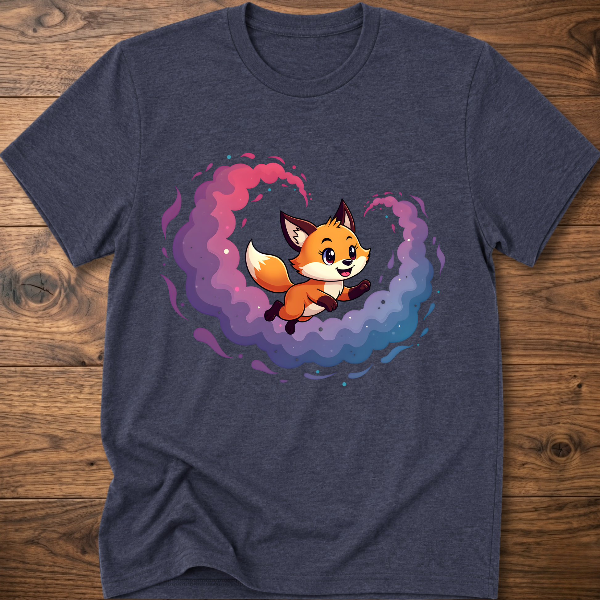 Dark heather T-shirt with cute fox graphic in colorful galaxy swirl