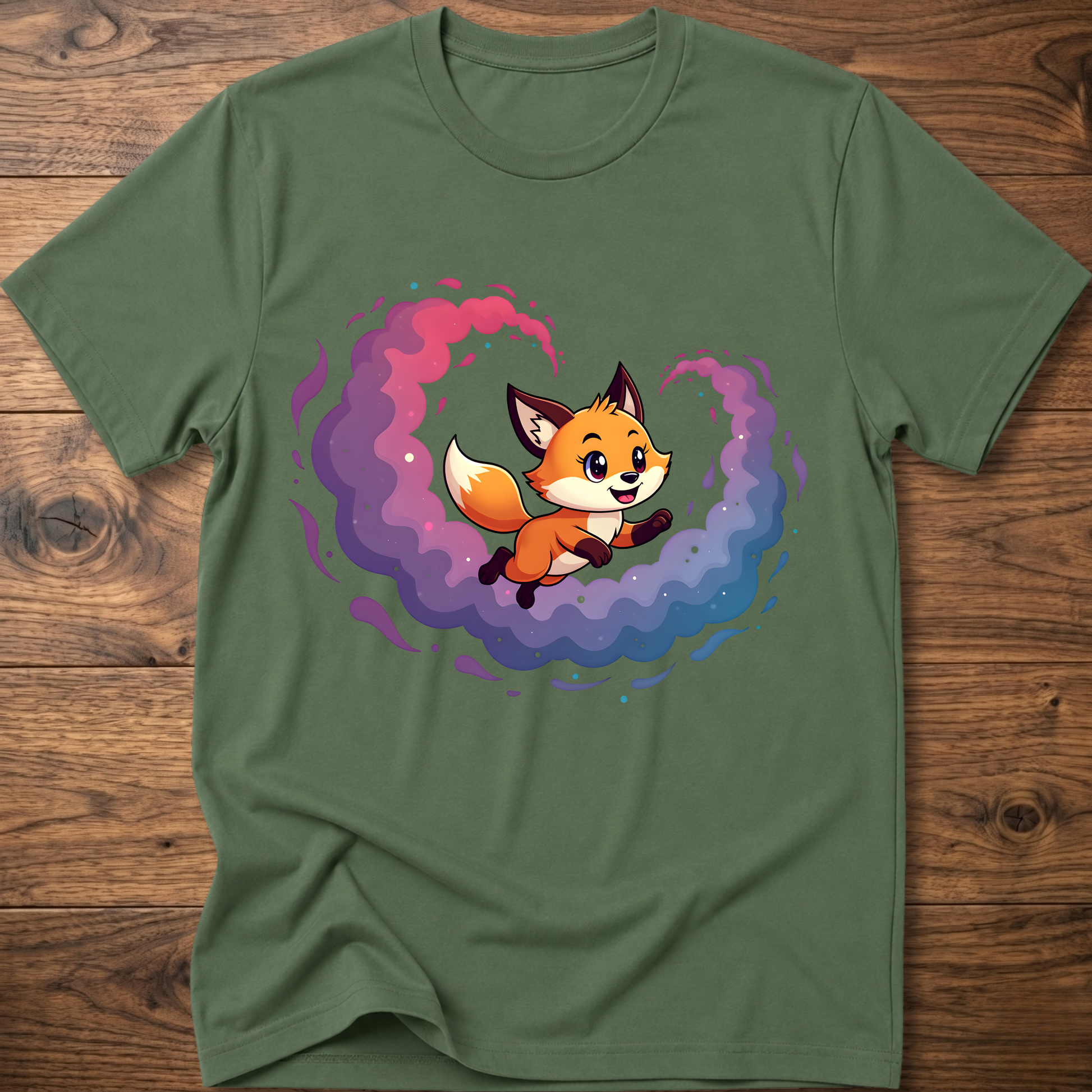 Military green T-shirt with cute fox graphic in colorful galaxy swirl