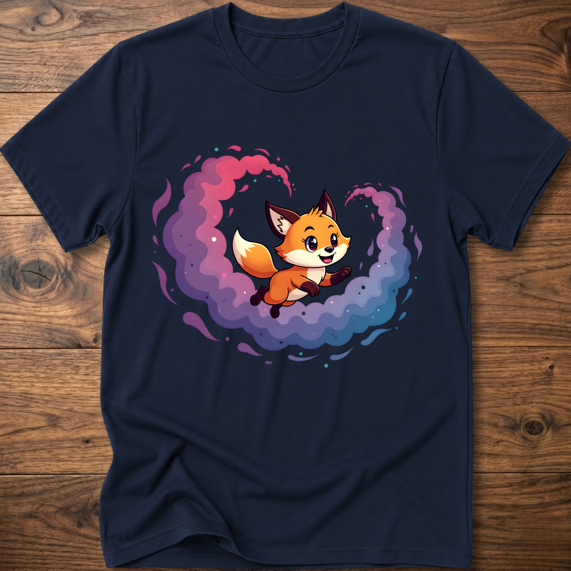 Navy T-shirt with cute fox graphic in colorful galaxy swirl