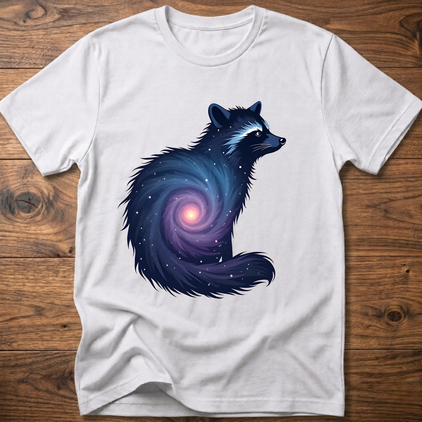 White crew-neck T-shirt with dark cosmic raccoon graphic on front.