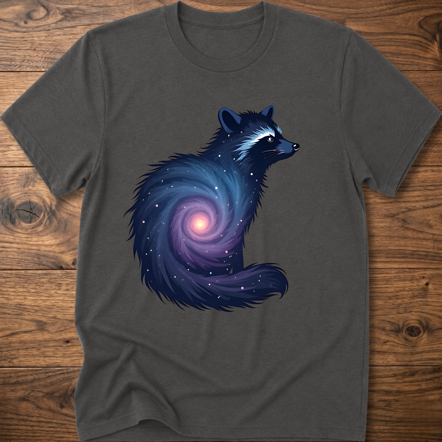 Charcoal crew-neck T-shirt with dark cosmic raccoon graphic on front.