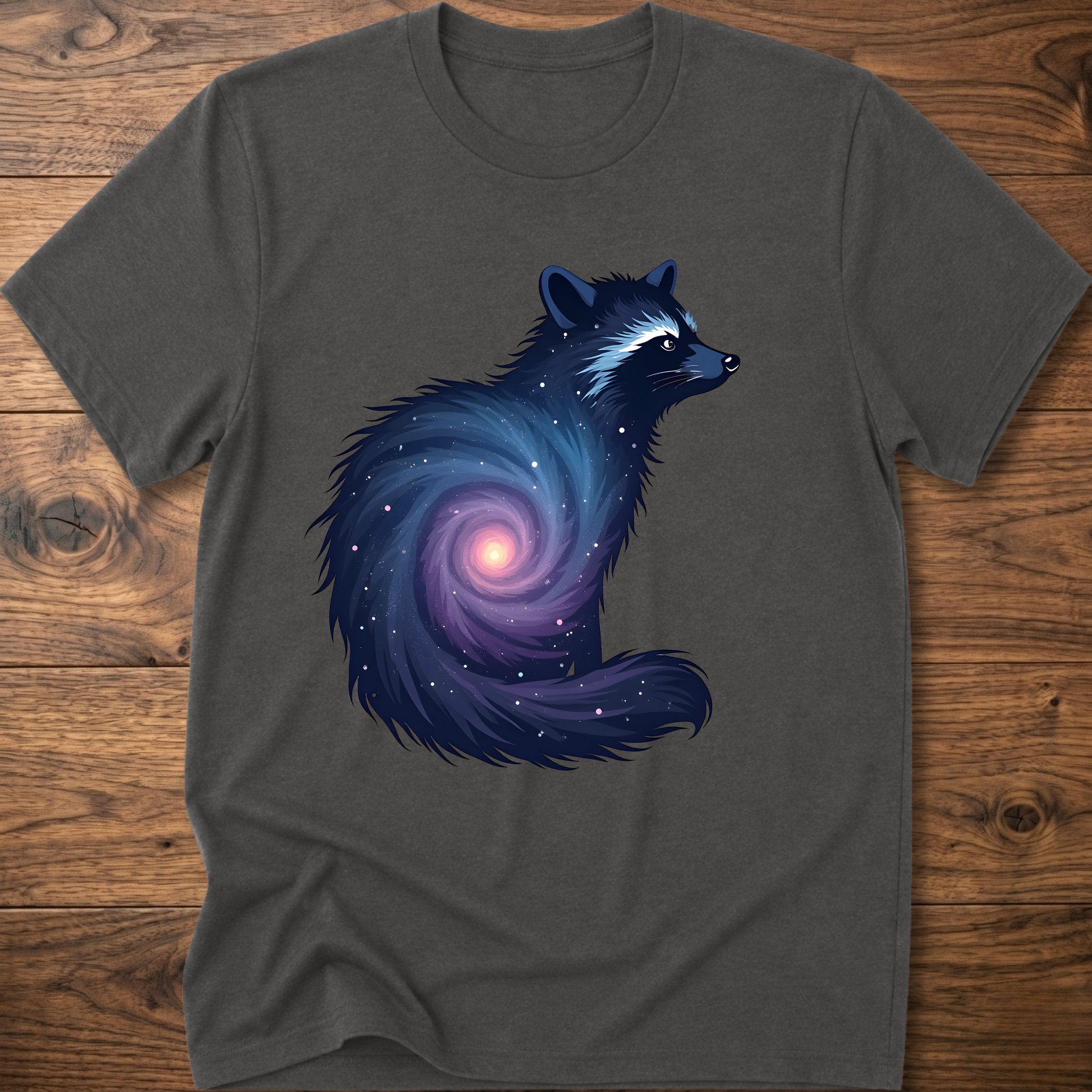 Charcoal crew-neck T-shirt with dark cosmic raccoon graphic on front.