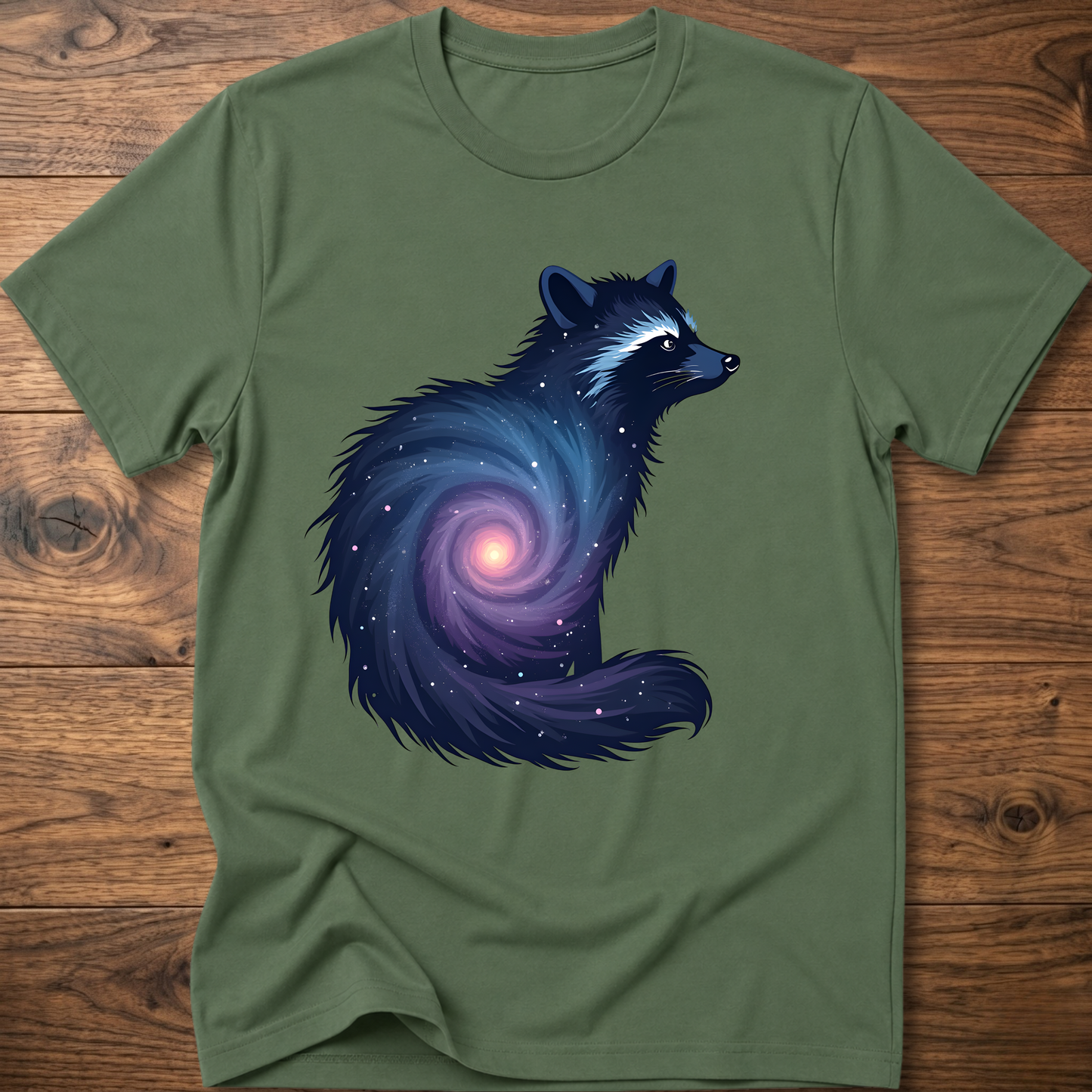 Military green crew-neck T-shirt with dark cosmic raccoon graphic on front.