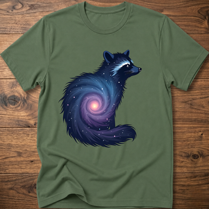 Military green crew-neck T-shirt with dark cosmic raccoon graphic on front.