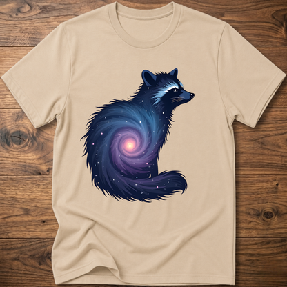Sand crew-neck T-shirt with dark cosmic raccoon graphic on front.