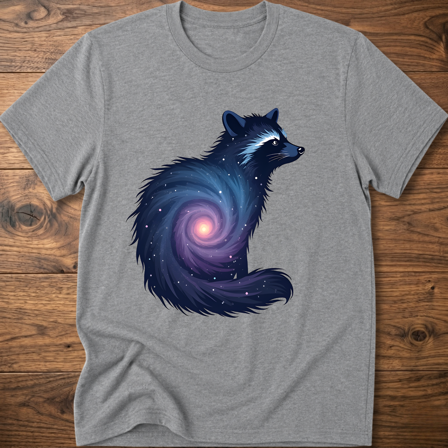 Sport grey crew-neck T-shirt with dark cosmic raccoon graphic on front.